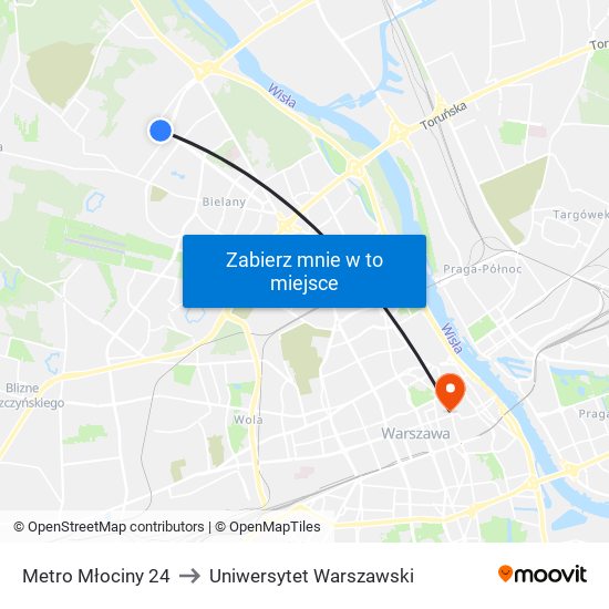 Metro Młociny 24 to Uniwersytet Warszawski map