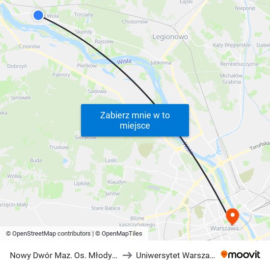 Nowy Dwór Mazowiecki Os. Młodych to Uniwersytet Warszawski map