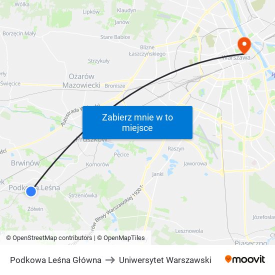 Podkowa Leśna Główna to Uniwersytet Warszawski map