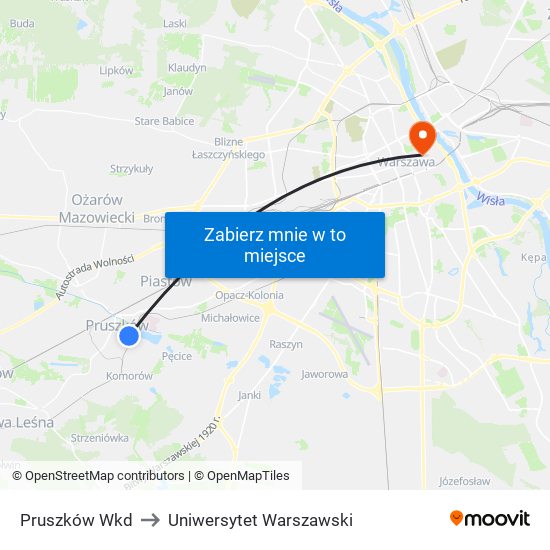 Pruszków Wkd to Uniwersytet Warszawski map