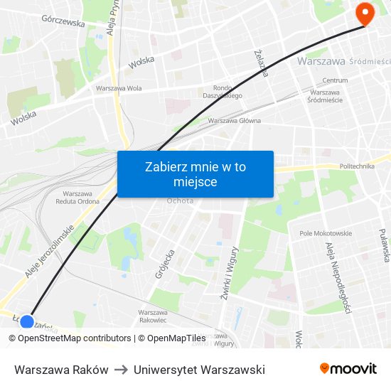 Warszawa Raków to Uniwersytet Warszawski map