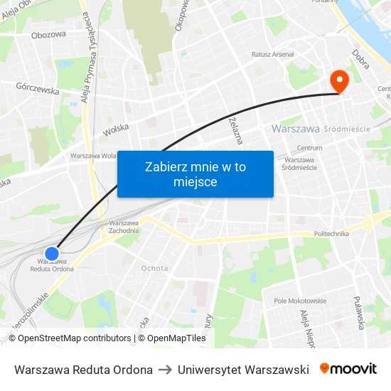 Warszawa Reduta Ordona to Uniwersytet Warszawski map