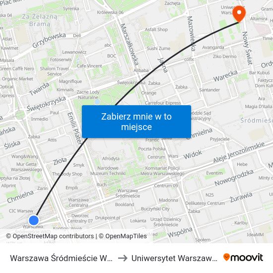 Warszawa Śródmieście WKD to Uniwersytet Warszawski map