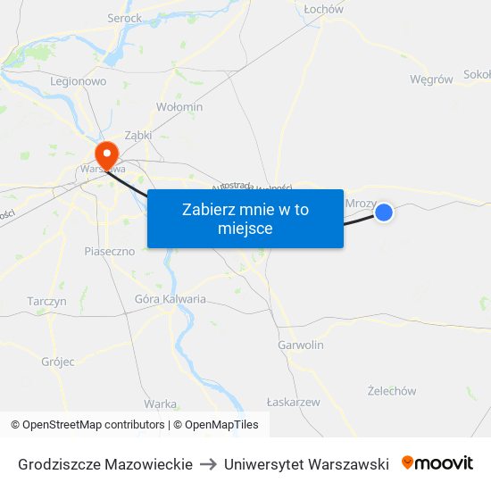 Grodziszcze Mazowieckie to Uniwersytet Warszawski map