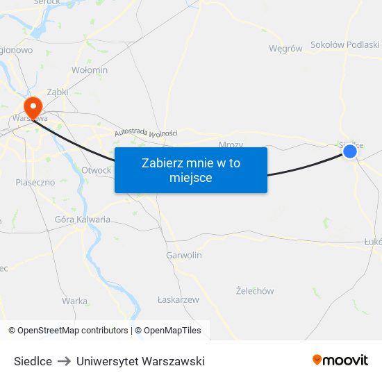 Siedlce to Uniwersytet Warszawski map