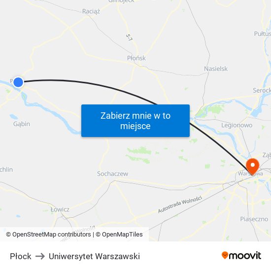 Płock to Uniwersytet Warszawski map