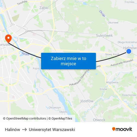 Halinów to Uniwersytet Warszawski map