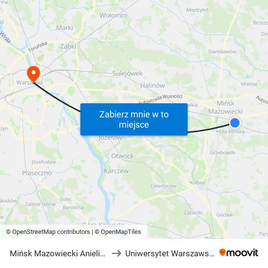 Mińsk Mazowiecki Anielina to Uniwersytet Warszawski map