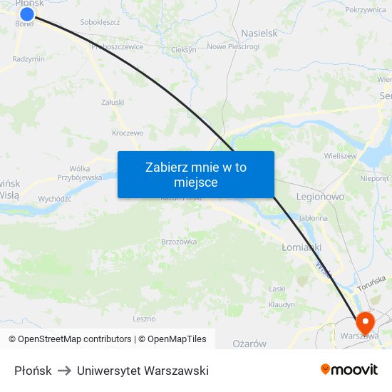 Płońsk to Uniwersytet Warszawski map