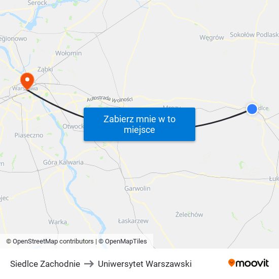 Siedlce Zachodnie to Uniwersytet Warszawski map