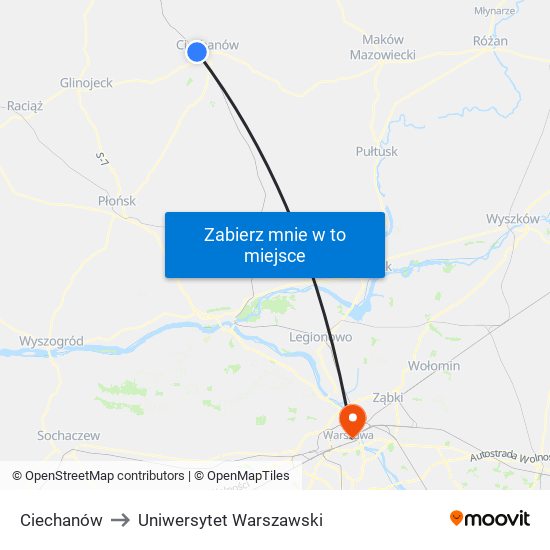 Ciechanów to Uniwersytet Warszawski map