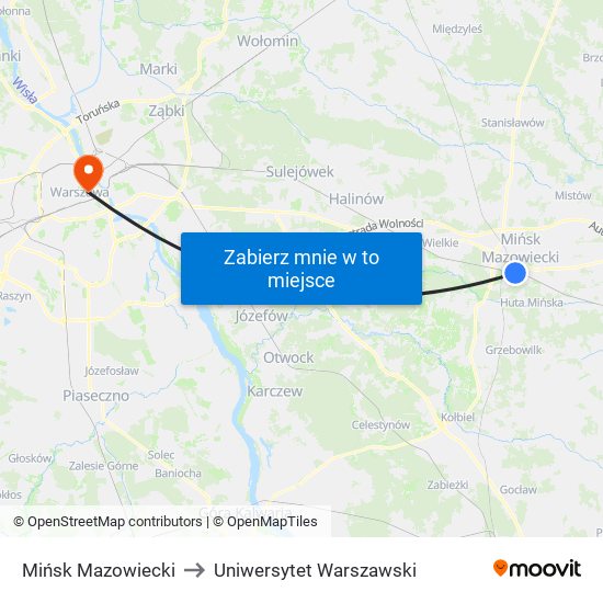 Mińsk Mazowiecki to Uniwersytet Warszawski map