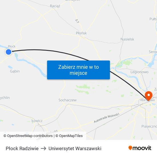 Płock Radziwie to Uniwersytet Warszawski map