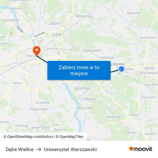 Dębe Wielkie to Uniwersytet Warszawski map