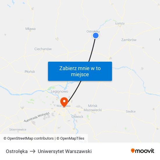 Ostrołęka to Uniwersytet Warszawski map