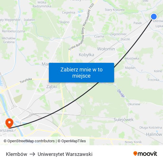 Klembów to Uniwersytet Warszawski map