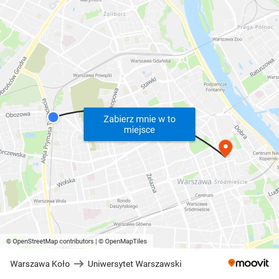 Warszawa Koło to Uniwersytet Warszawski map