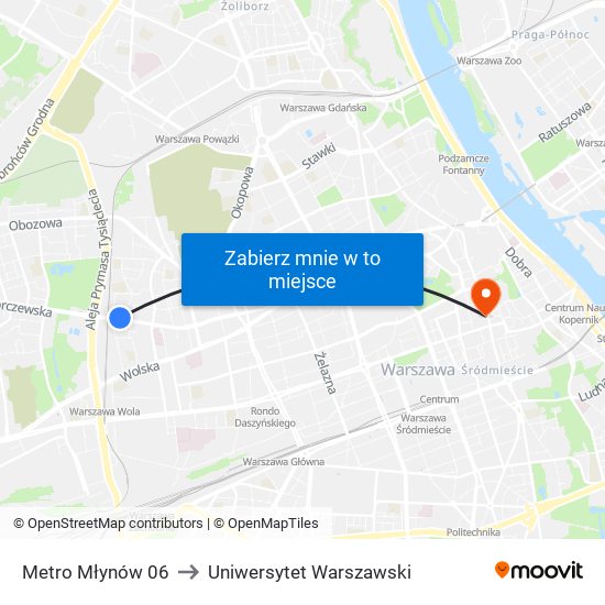 Metro Młynów 06 to Uniwersytet Warszawski map