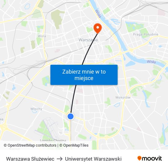 Warszawa Służewiec to Uniwersytet Warszawski map