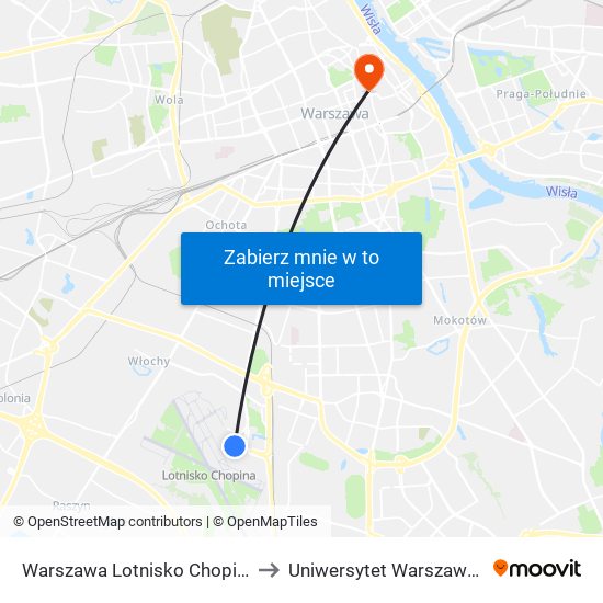 Warszawa Lotnisko Chopina to Uniwersytet Warszawski map