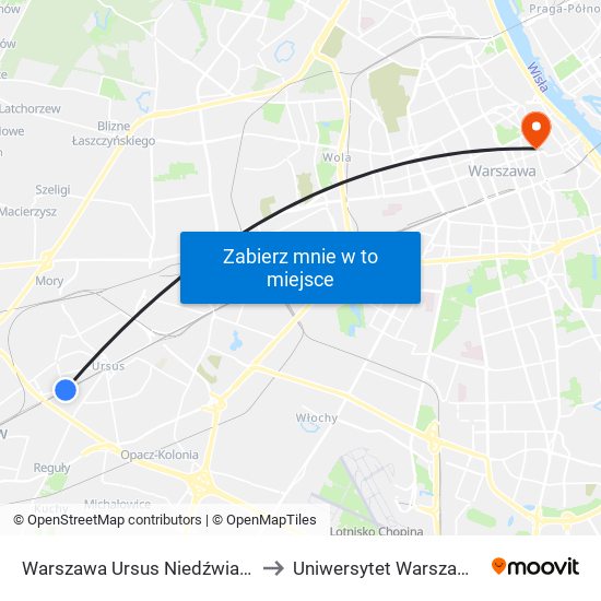 Warszawa Ursus Niedźwiadek to Uniwersytet Warszawski map