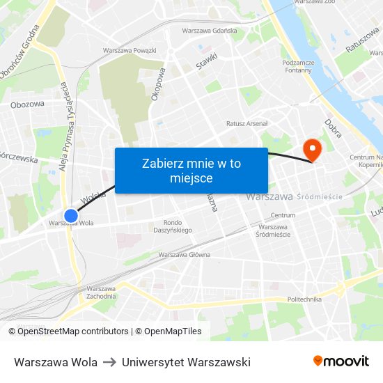 Warszawa Wola to Uniwersytet Warszawski map