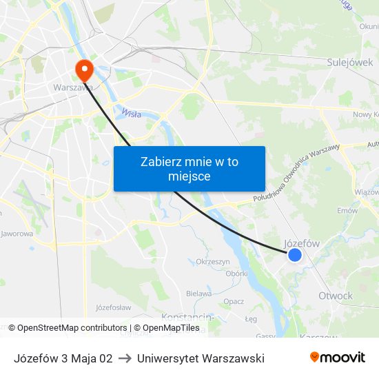 Józefów 3 Maja 02 to Uniwersytet Warszawski map