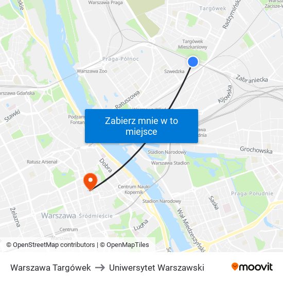 Warszawa Targówek to Uniwersytet Warszawski map