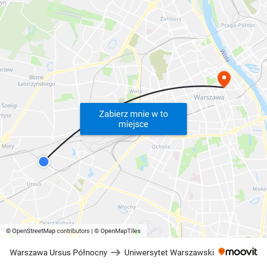 Warszawa Ursus Północny to Uniwersytet Warszawski map