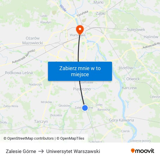Zalesie Górne to Uniwersytet Warszawski map