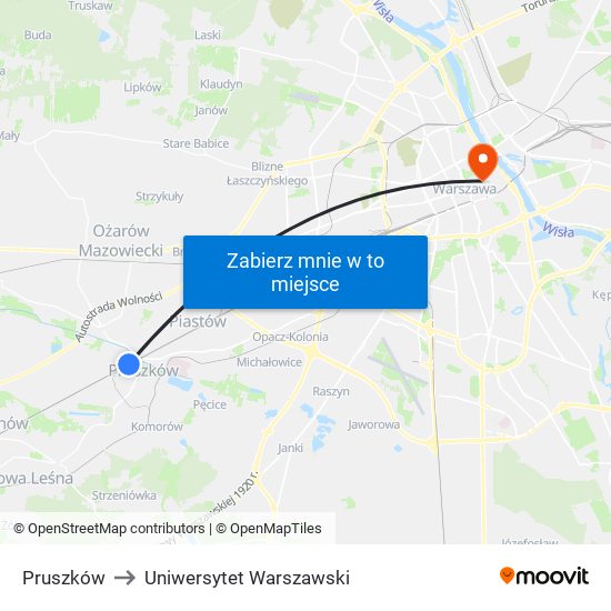 Pruszków to Uniwersytet Warszawski map