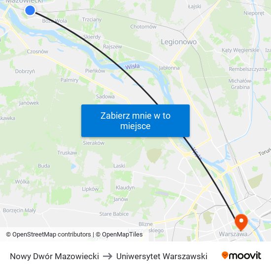 Nowy Dwór Mazowiecki to Uniwersytet Warszawski map