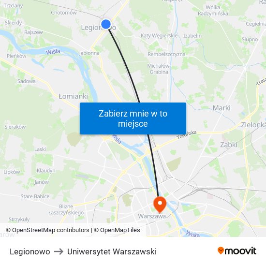 Legionowo to Uniwersytet Warszawski map