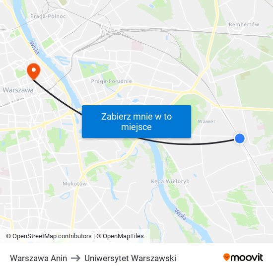 Warszawa Anin to Uniwersytet Warszawski map