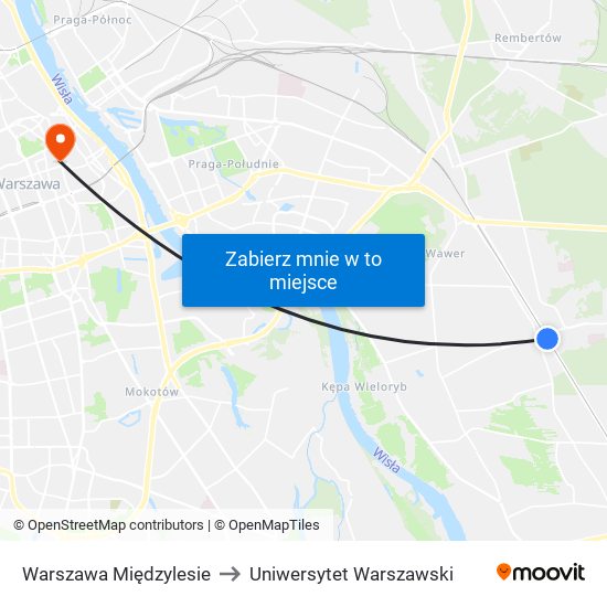 Warszawa Międzylesie to Uniwersytet Warszawski map