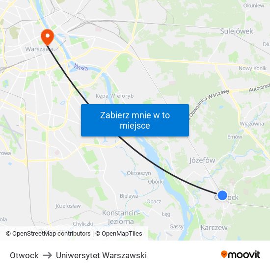 Otwock to Uniwersytet Warszawski map