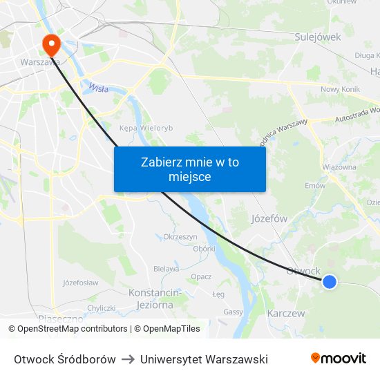 Otwock Śródborów to Uniwersytet Warszawski map