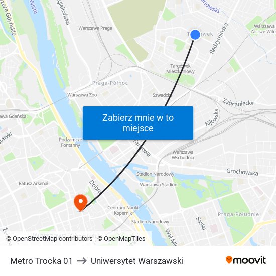 Metro Trocka 01 to Uniwersytet Warszawski map