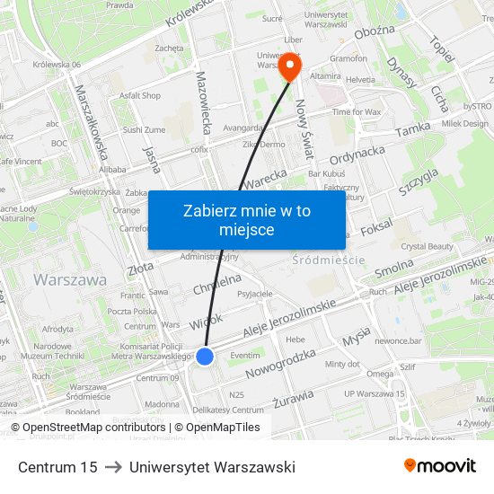 Centrum 15 to Uniwersytet Warszawski map