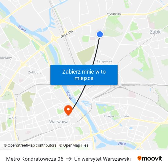 Metro Kondratowicza to Uniwersytet Warszawski map