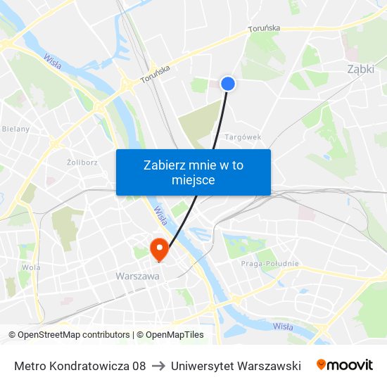 Metro Kondratowicza to Uniwersytet Warszawski map