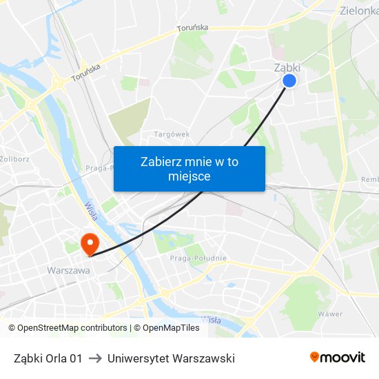 Ząbki Orla 01 to Uniwersytet Warszawski map