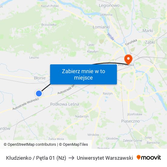 Kłudzienko / Pętla 01 (Nż) to Uniwersytet Warszawski map