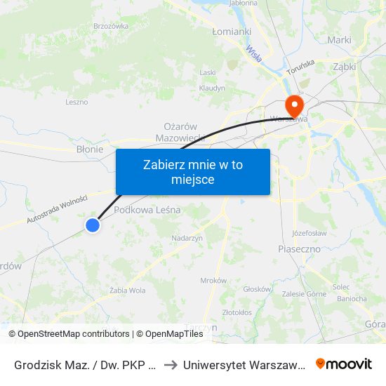 Grodzisk Maz. / Dw. PKP 01 to Uniwersytet Warszawski map