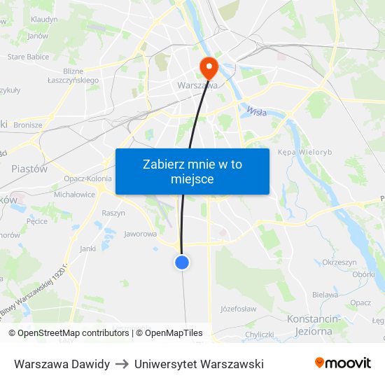 Warszawa Dawidy to Uniwersytet Warszawski map