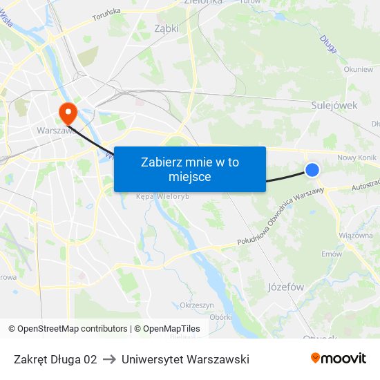 Zakręt Długa to Uniwersytet Warszawski map