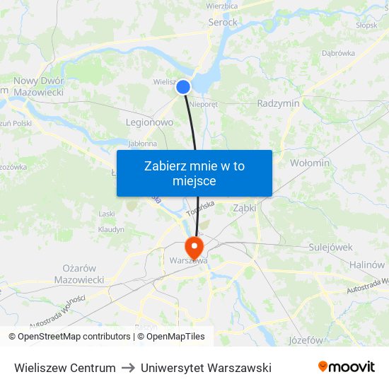 Wieliszew Centrum to Uniwersytet Warszawski map