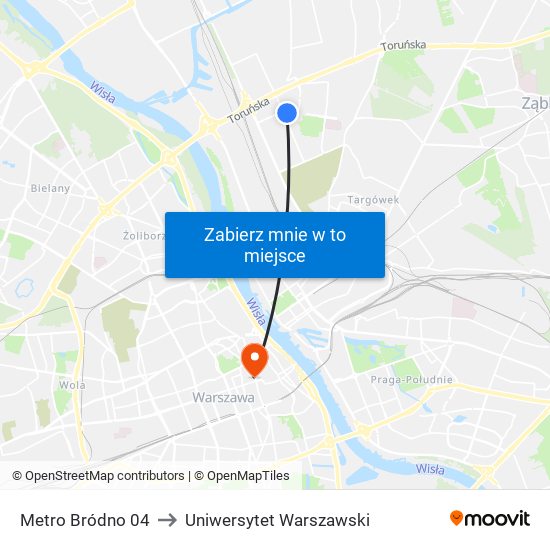 Metro Bródno 04 to Uniwersytet Warszawski map