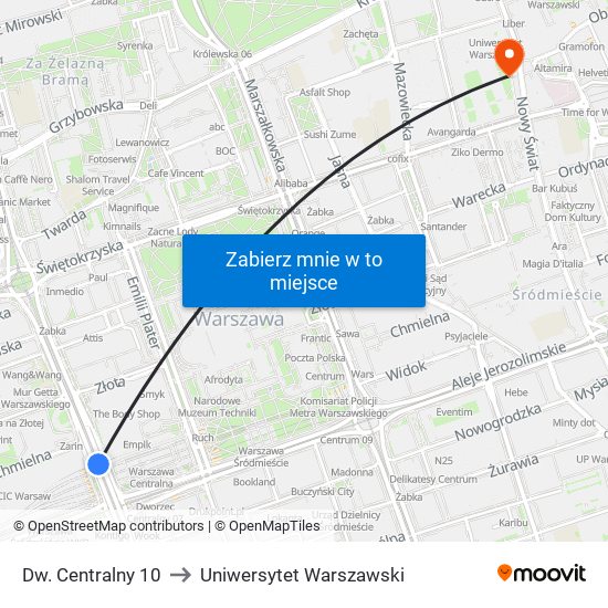 Dw. Centralny 10 to Uniwersytet Warszawski map