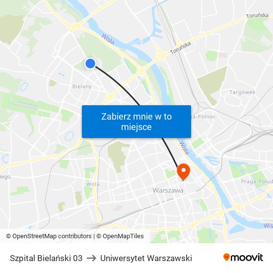 Szpital Bielański to Uniwersytet Warszawski map